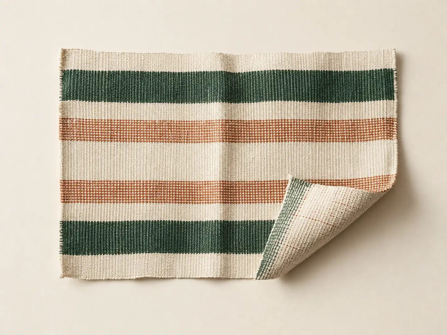 Hand-loomed textile in cream, pine green and copper with visible warp and weft
